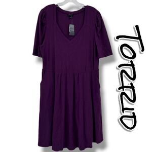 NWT Torrid Slub Mini Dress with Puff Sleeves Pockets Plum Womens Size 1 (14-16)